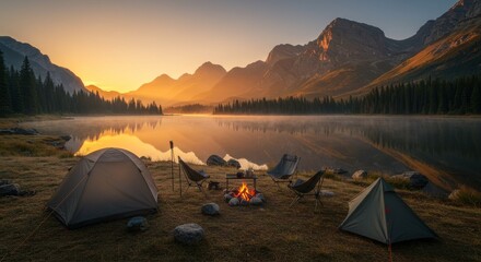 Sunrise Serenity: Lakeside Camping in the Mountains