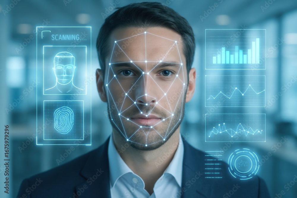 Poster facial recognition: a man's face is superimposed with a digital grid, surrounded by holographic inte