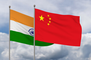 Chinese and Indian flag on sky background. 3D illustration