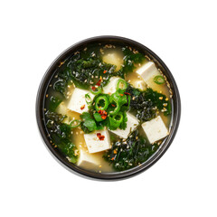 Delicious Miso Soup with Tofu and Seaweed in a Black Bowl - Top View