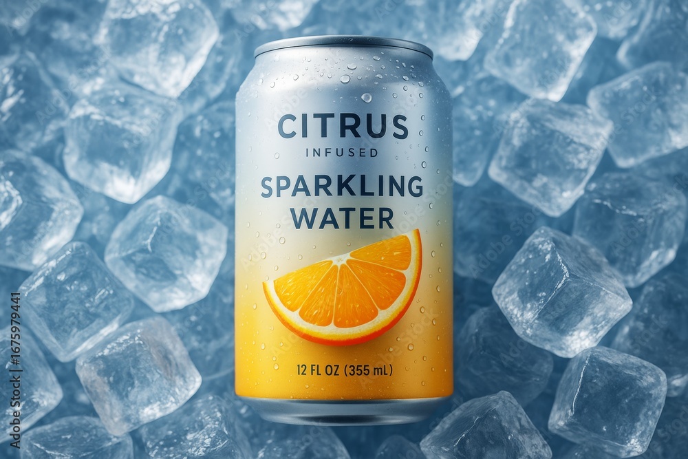 Poster citrus sparkling water can with orange slice on gradient label surrounded by ice cubes on cool blue 
