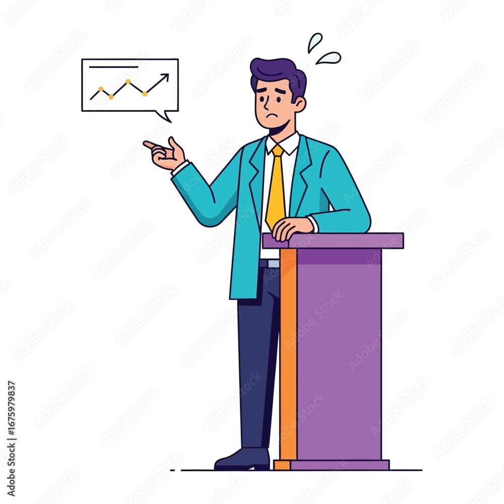 Poster speechless concern: a presenter stands at a podium, a furrowed brow and worried expression etched on