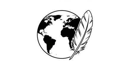 Simple monochrome icon of Earth with feather on side.