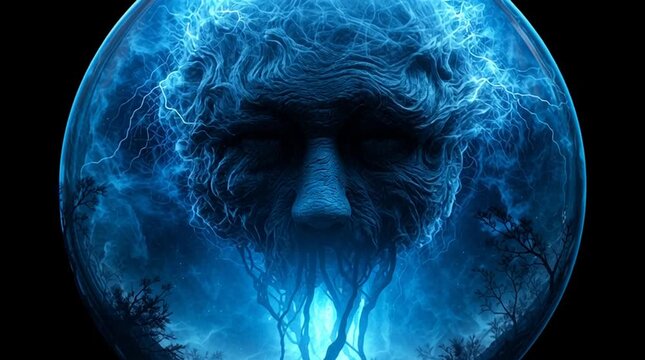 A surreal image of a beautiful, glowing, blue orb of energy (representing nuclear power) that has a dark, shadowy, and fearful human face trapped inside it.
