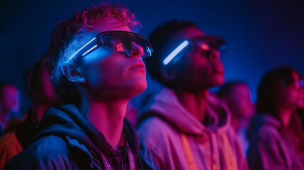 People attending a digital concert in the metaverse, showcasing virtual reality entertainment, futuristic technology, and immersive experiences.