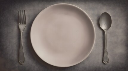 A pale pink plate, a fork, and a spoon rest on a textured gray surface, evoking a sense of quiet contemplation.