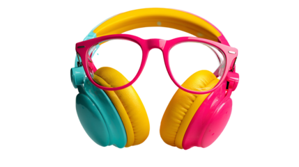 Colorful headphones and glasses isolated on transparent background