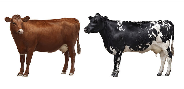 Two cows standing side by side isolated on a white background One is brown and the other is black with white spots This is a studio shot photorealistic and h