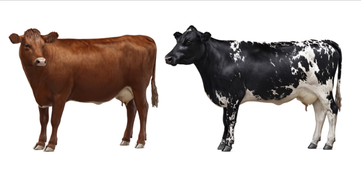 Two cows standing side by side isolated on a white background One is brown and the other is black with white spots This is a studio shot photorealistic and h