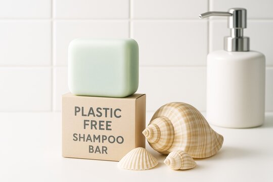 Eco-friendly plastic-free shampoo bar with seashells and dispenser on white bathroom background promoting sustainable bath products concept. Ai generative