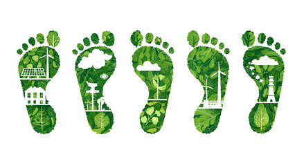 Green footprints show eco friendly lifestyle renewable energy sustainable living