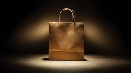 A golden shopping bag, bathed in spotlight, stands out against a dark background, showcasing its simple elegance.