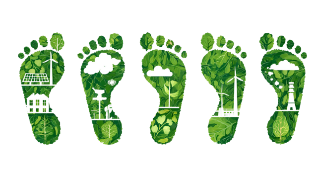 Green footprints show eco friendly lifestyle renewable energy sustainable living