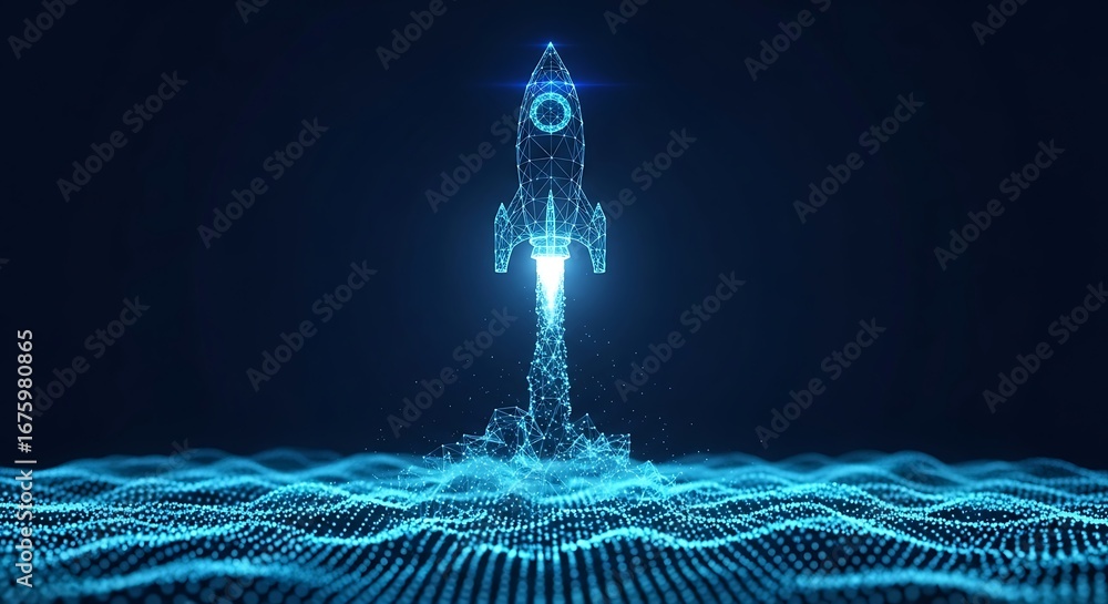 Poster digital rocket launching into space with glowing particles and abstract waves, tote bag mockup, canv