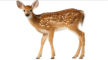 Photo of a whitetailed deer fawn standing isolated on a white background with a clipping path full body view