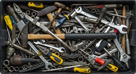 Fototapeta premium Tools in Black Tray Used Wrenches, Hammers, Pliers Overhead View