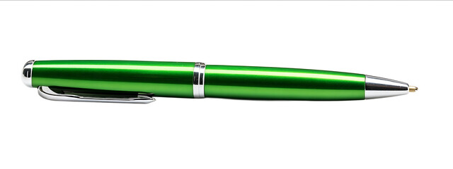 Photo of a green pen isolated on a white background with a clipping path Taken with a wideangle lens in daylight
