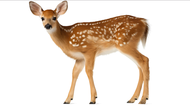 Photo of a whitetailed deer fawn standing isolated on a white background with a clipping path full body view