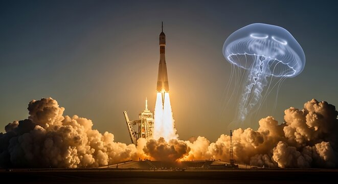 Rocket Launch with Ethereal Jellyfish in Sky.