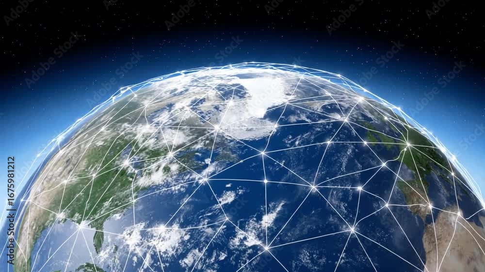 Poster global network: conceptual image showing the earth with a web of interconnected nodes representing g