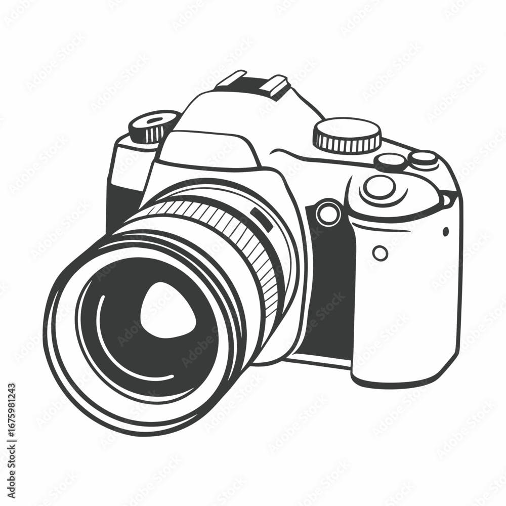 Poster illustration of a professional dslr camera with a large lens in black and white outline style create