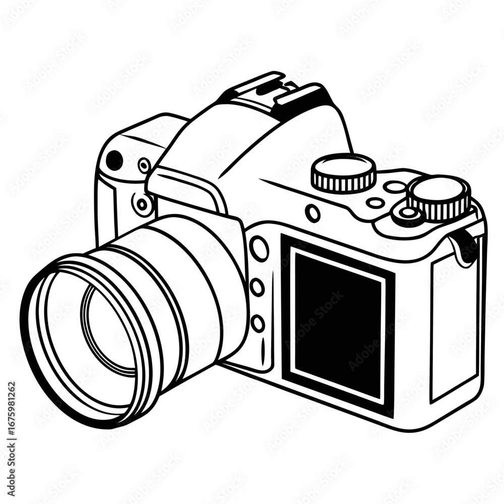 Poster illustration of a black and white digital camera with a large lens and a rectangular screen display 
