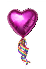 A magenta heartshaped balloon with rainbow ribbons isolated on a white background Detailed photography beautiful composition soft lighting and shadows highre