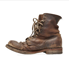 Vintage leather boot side view with laces and wornout soles on a white background