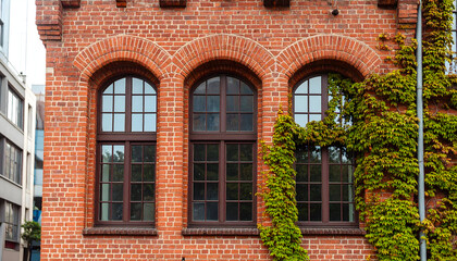 Fototapeta premium Facade of a Classic Red Brick Building with Arched Windows and Green Ivy