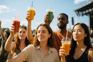 Group of diverse young people holding smoothies in sunlight at outdoor festival, enjoying drinks and celebrating healthy lifestyle together. Ai generative