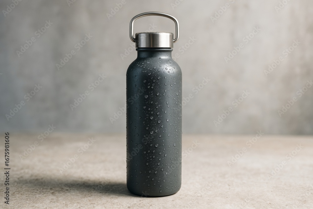 Poster matte black reusable water bottle with condensation droplets on surface, placed on textured stone su