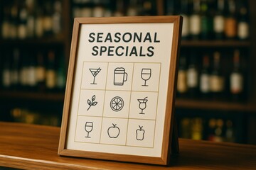 Framed seasonal specials sign with drink and food icons on wooden bar counter in cozy bar environment with blurred bottle background. Ai generative