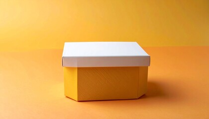 Square box with white lid and yellow base on orange gradient surface against solid yellow background in minimalist composition