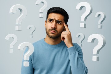 Thoughtful young man touching temple surrounded by floating question marks on light blue background, expressing confusion or decision-making concept. Ai generative