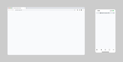 Web browser desktop and mobile version mockup template. Vector UI design of browser windows and smartphone interface for website preview, responsive design, and app presentation.