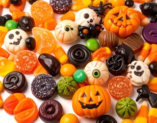 Colorful Halloween-themed candies and treats.