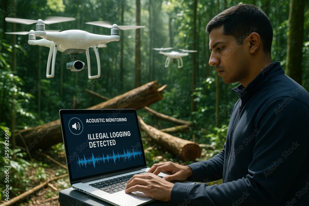 Poster forest surveillance expert using laptop with acoustic monitoring detecting illegal logging, drones f