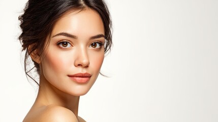 Fototapeta premium A close-up portrait of a young woman showcasing natural beauty and elegance against a soft, neutral background.