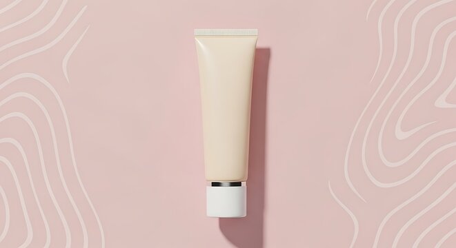 Beige Skincare Cream Tube on Pink Abstract Background