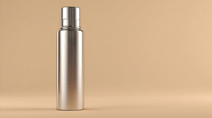 A metallic spray bottle stands tall against a muted beige backdrop.