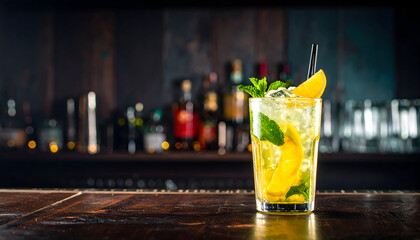 Refreshing Citrus and Mint Cocktail in a Glass on a Dark Wooden Bar Counter