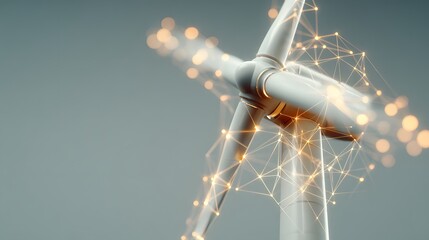 A digitally rendered illustration of a modern wind turbine, highlighted by a network of glowing connections, conveying an image of sustainable energy.
