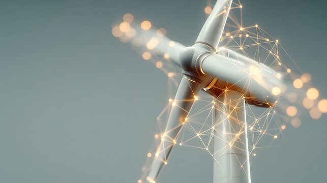 A digitally rendered illustration of a modern wind turbine, highlighted by a network of glowing connections, conveying an image of sustainable energy.