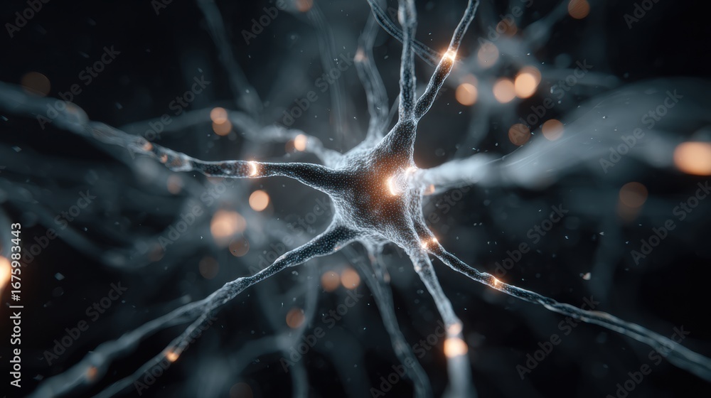Poster a close-up view of a neuron, showcasing intricate structures and glowing connections, symbolizing br