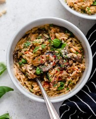 Creamy Mushroom and Chicken Orzo in a Bowl