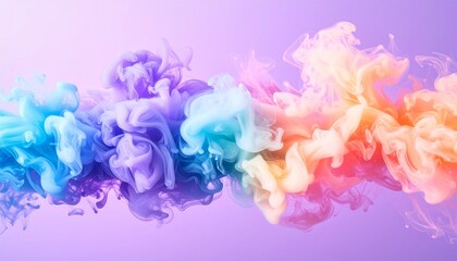 Obraz premium Swirling pastel ink cloud with peach, pink, lavender, and turquoise hues on soft purple background