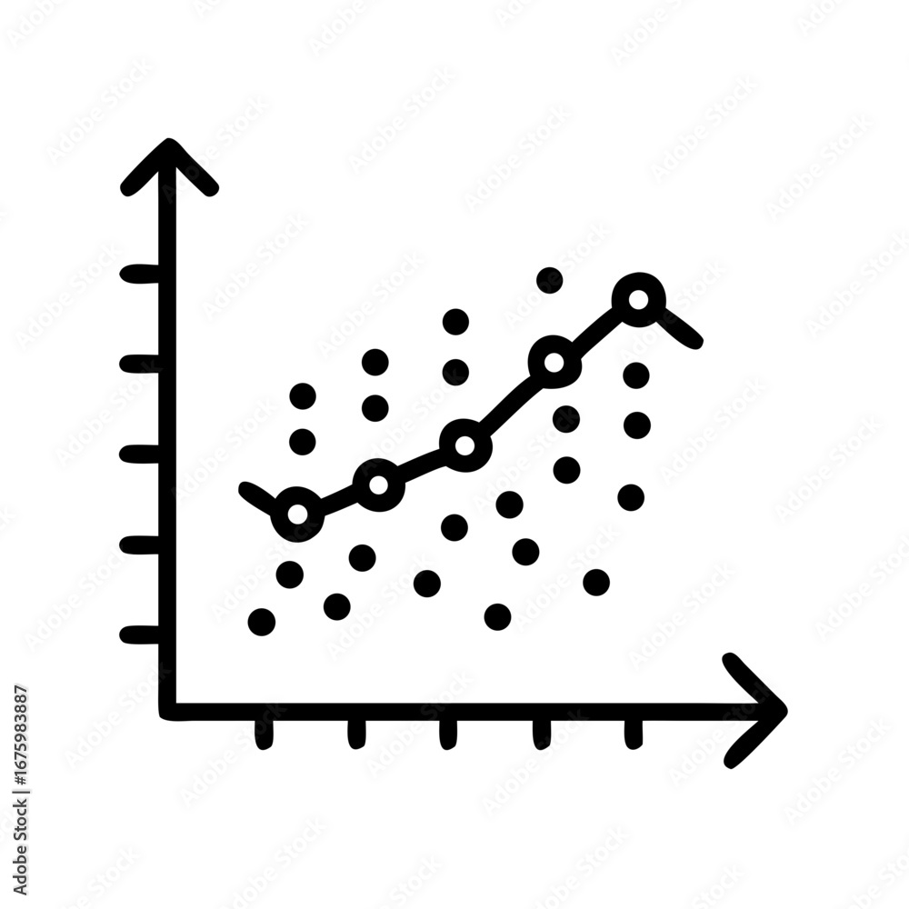 Poster line graph with scatter plot showing positive correlation on coordinate axes in black and white styl