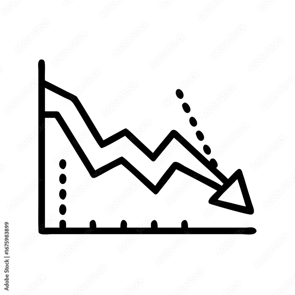Poster depicting a downward trend with two zigzagging lines and a dotted line ending in an arrow indicating