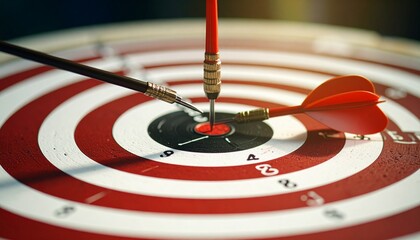 Dart hitting bullseye on dartboard with sunlight and green foliage in blurred background