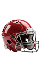 Fototapeta premium A glossy, maroon-colored American football helmet with a silver face mask, isolated against a white background.